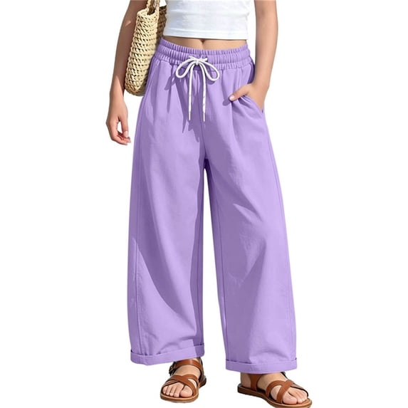 Oiangi Girls Beach Pants Elastic Waist Wide Leg Trousers Casual Rolled Up Pant for Summer Vacation Purple 14 Years
