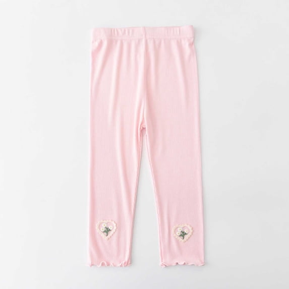 Oiangi Girls Capri Leggings Ribbed Knit Elastic Waist Athletic Pants Summer Lightweight School Uniform with Lettuce Hem Pink 3 Years