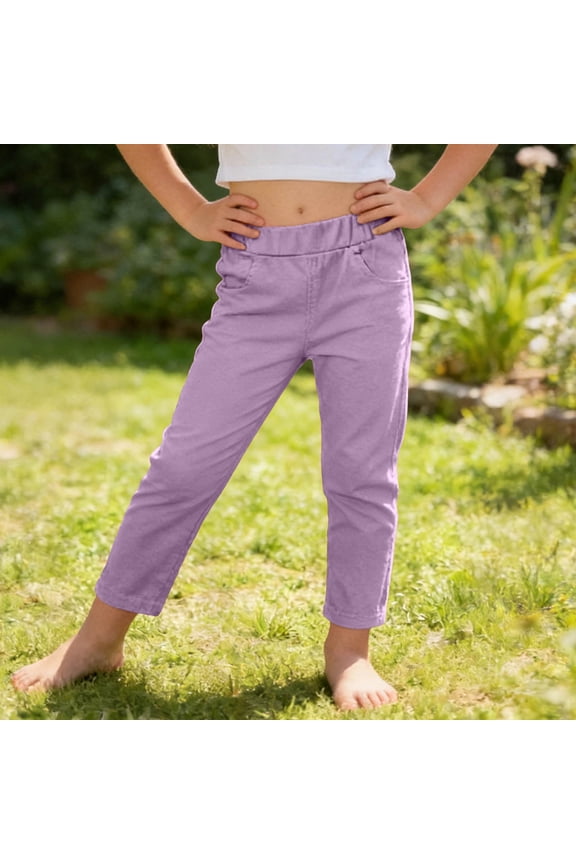 Girls Chino Pants Elastic Waist Straight Leg Trousers Casual Comfy School Uniform with Pockets Purple 3 Years