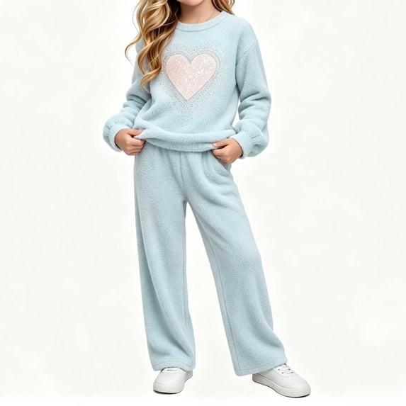 Oiangi Girls Fall Clothes Outfits Lounge Knit Sets Crewneck Sweater and Pant for Cold Weather Light Blue 7-8Years