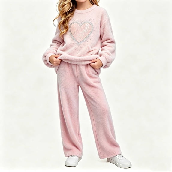 Oiangi Girls Fall Clothes Outfits Lounge Knit Sets Crewneck Sweater and Pant for Cold Weather Pink 5-6Years