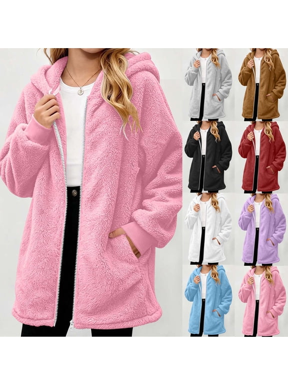 Girls Long Sherpa Hoodie Full Zip Jackets Fluffy Fuzzy Thermal Winter Coat with Pockets Red 12-13Years
