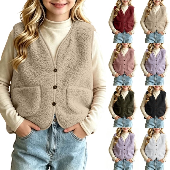 Oiangi Girls Sherpa Vest Casual Fuzzy Vests Sleeveless Jacket Pockets Teddy Coat Gilet for Winter Wine 5-6 Years