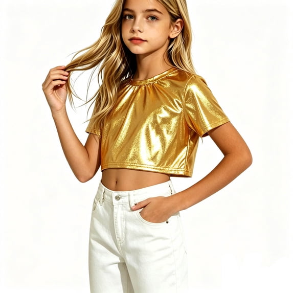 Oiangi Girls Short Sleeve Sequin Tops Crew Neck Ruched Crop T-Shirts Sparkly Tees for Birthday Party Gold 11 Years