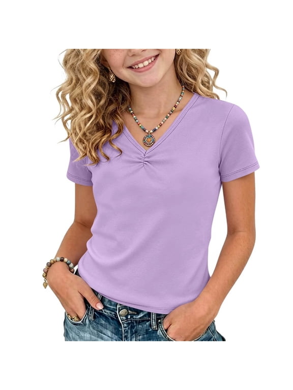 Girls Short Sleeve T-Shirts V Neck Ruched Breathable Tees Casual Solid Color Tops for Back to School Purple 14 Years