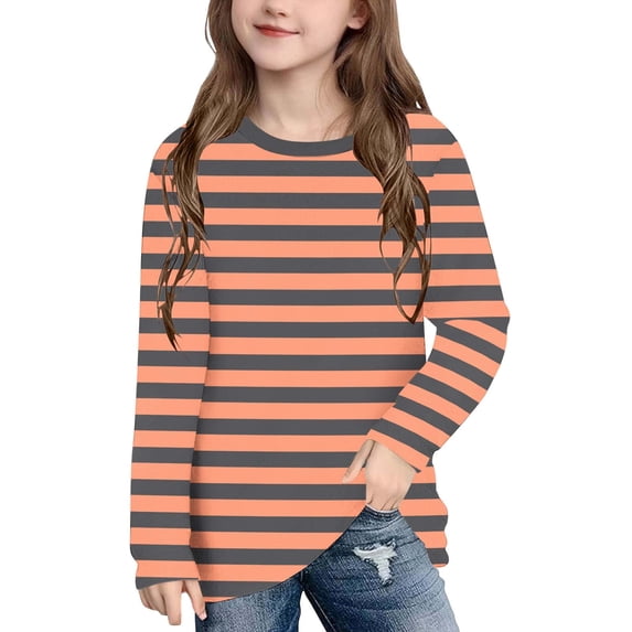 Oiangi Girls Striped Long Sleeve Shirts Crew Neck Lightweight Fall T-Shirt Teen Casual Daily Wear Tees Orange 13 Years