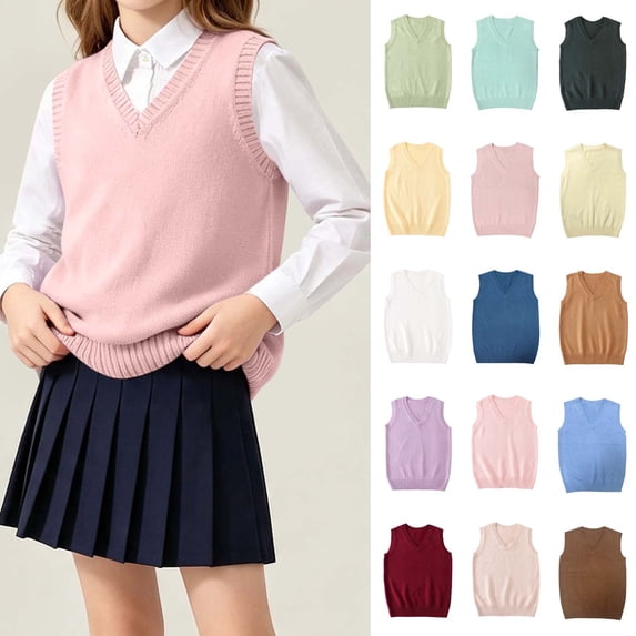 Oiangi Girls Sweater Vest V Neck Classic Uniform Layering Top Teen Comfort Knitted Vests Pink 14-15Years