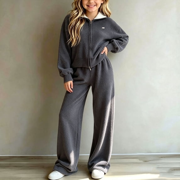 Oiangi Girls Zip Up Sweaters Stand Collar Jacket and Pants,Teen Girl Cozy Knit Thermal Outfits 2 Piece Sets for Winter Dark Gray 5-6 Years