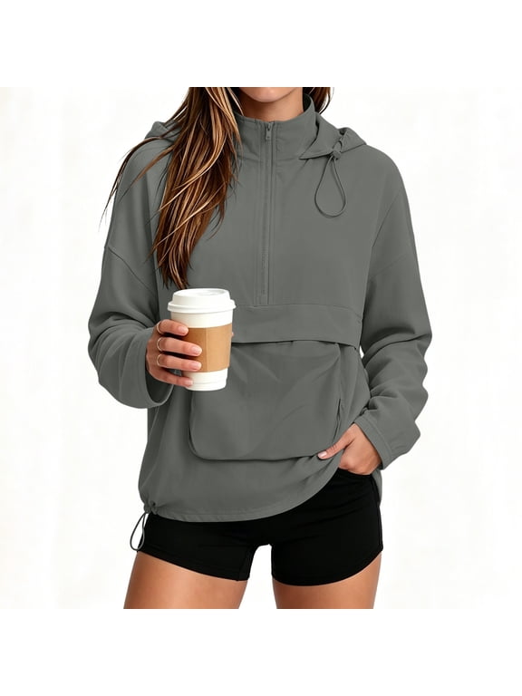 Half Zip Pullover Hoodie for Women Lightweight Workout Jackets with Kangaroo Pocket Gray XL