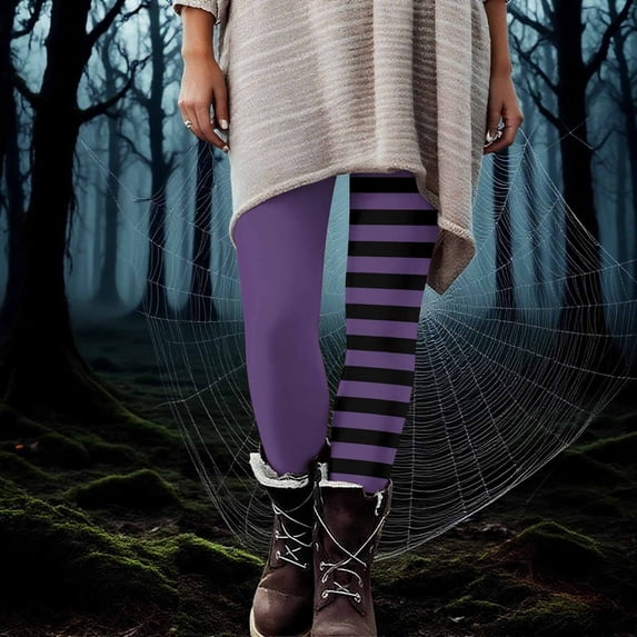 Oiangi Halloween Leggings to Wear with Dresses Women Striped Print Yoga Workout Pants High Waist Stretchy Running Pant Purple L