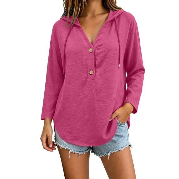 Oiangi Hoodie for Women Drawstring Long Sleeve Button V Neck Tops Casual Lightweight Fall Pullover Hooded Hot Pink 3XL