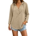 thumbnail image 1 of Oiangi Hoodie for Women Drawstring Long Sleeve Button V Neck Tops Casual Lightweight Fall Pullover Hooded Khaki M, 1 of 8