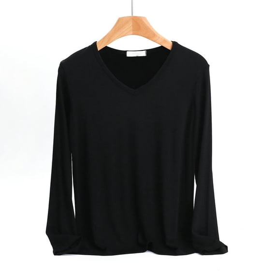 Oiangi Long Sleeve Basic Tops for Women V Neck Base Layer Tees Casual Soft Lounge Wear T-Shirts for Fall Black XS