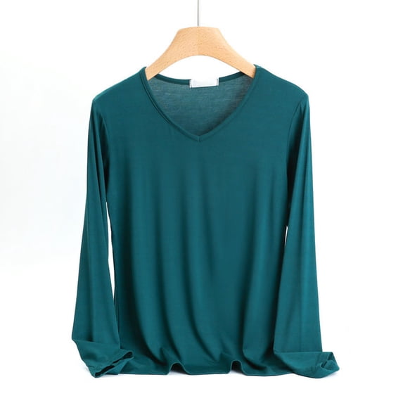 Oiangi Long Sleeve Basic Tops for Women V Neck Base Layer Tees Casual Soft Lounge Wear T-Shirts for Fall Green 3XL
