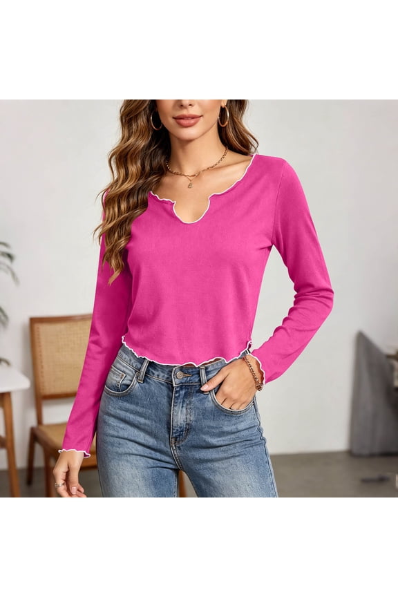 Long Sleeve Crop Shirts for Women Notched Neck Lettuce Hem Blouses Fall Slim Fit Tops Hot Pink S