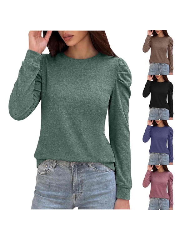 Long Sleeve Shirts for Women Puff Sleeve Tops Pullover Sweaters Fall Fashion Elegant Dressy Blouse Navy XL