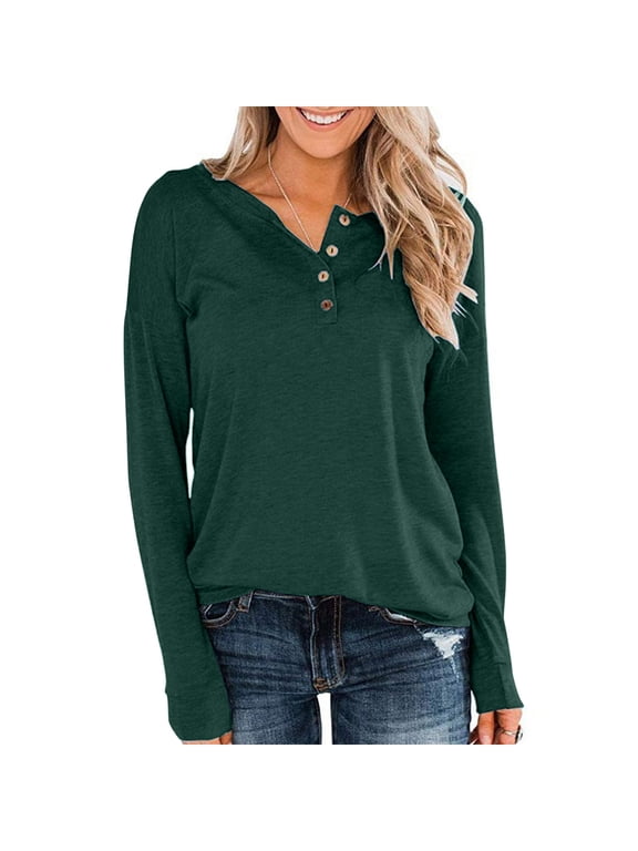 Long Sleeve Tops for Women Button V Neck Henley Shirts Casual Crewneck Basic Pullover Top for Fall Green S