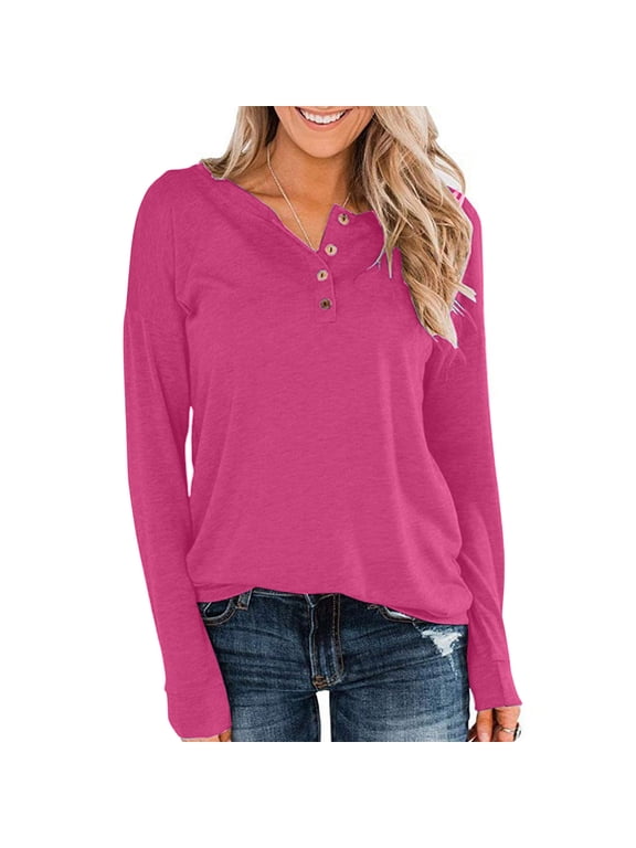Long Sleeve Tops for Women Button V Neck Henley Shirts Casual Crewneck Basic Pullover Top for Fall Hot Pink S