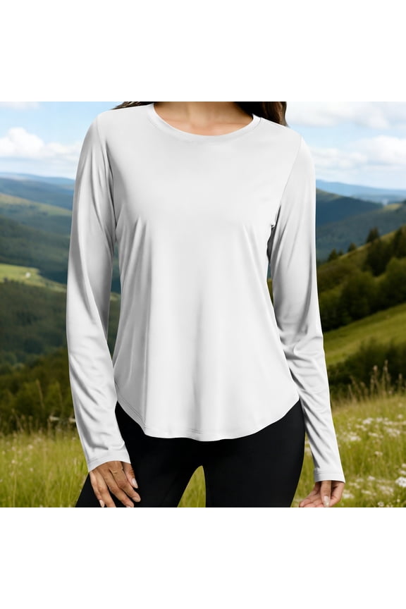 Long Sleeve Workout Tops for Women Crewneck Sun Protection Quick Dry T-Shirts Fall Outdoors Athletic Tees White 2XL