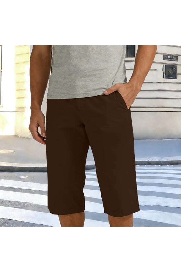 Men Capri Chino Pants Button Zipper Waistband Khaki Pants Summer Casual Dress Pants with Pockets Brown XL