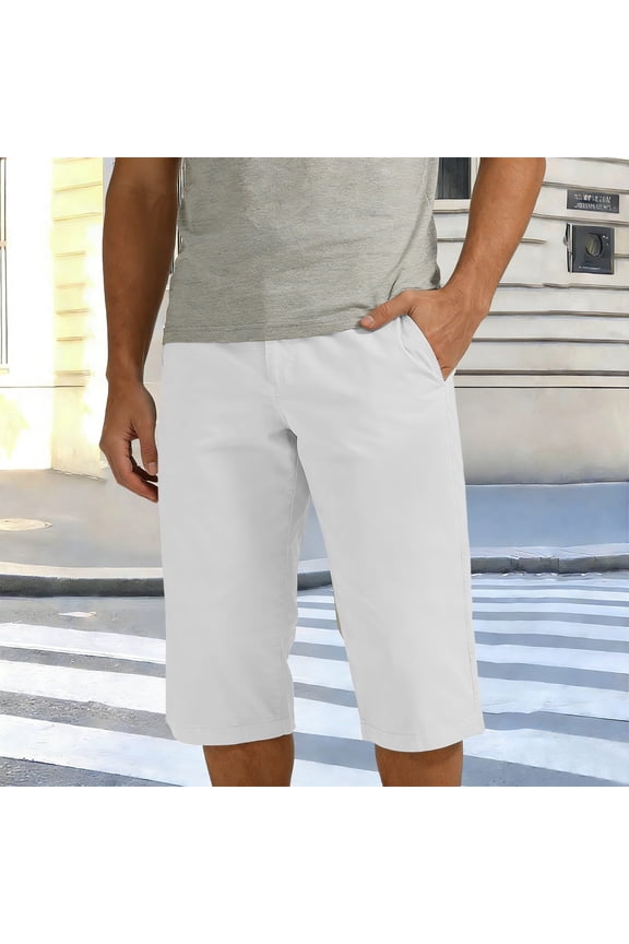 Men Capri Chino Pants Button Zipper Waistband Khaki Pants Summer Casual Dress Pants with Pockets White M