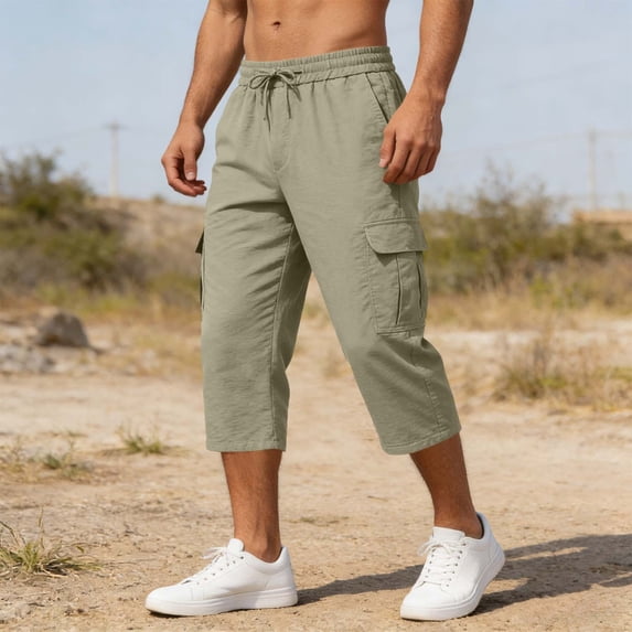 Oiangi Men's 3/4 Cargo Capris Elastic Waist Drawstring Hike Pants Baggy Open Bottom Summer Capri Pants with Multi-Pocket Gray L