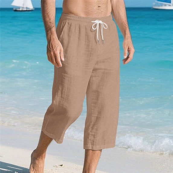 Oiangi Men's Capris Elastic Waist Drawstring Beach Pants Summer Casual 3/4 Knee Length Pants with Pockets Khaki M