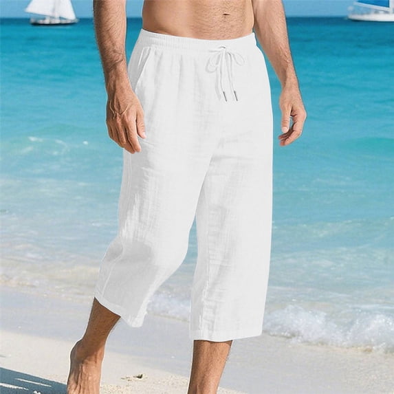 Oiangi Men's Capris Elastic Waist Drawstring Beach Pants Summer Casual 3/4 Knee Length Pants with Pockets White 2XL