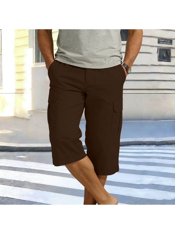Men's Cargo Capri Pants Waistband Zipper Button Chino Pants Summer Open Bottoms Hike Pants with Multi-Pocket Brown M