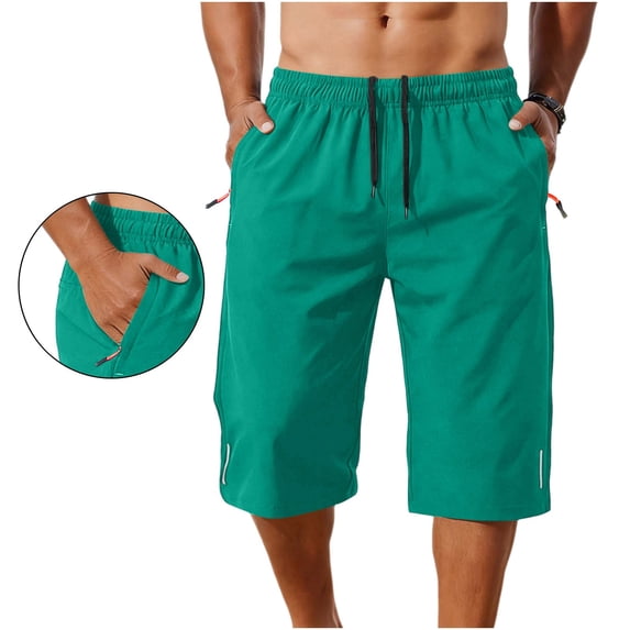 Oiangi Mens 3/4 Bike Capri Pants Drawstring Elastic Waist Running Workout Pants Reflective Stripes Pockets Active Trousers Mint Green L