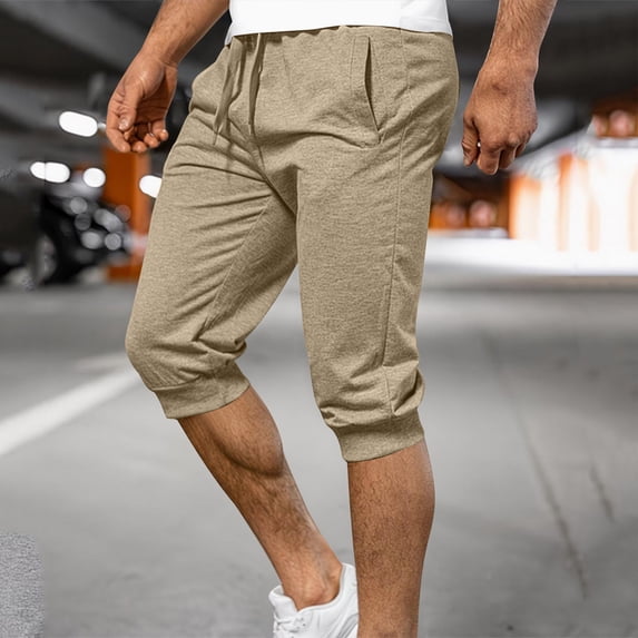 Oiangi Mens Athletic Capris Elastic Waist Drawstring Sweatpants Breathable Joggers Gym Running Workout Capri Pants with Pockets Beige S