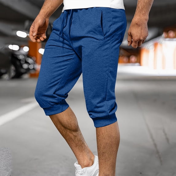 Oiangi Mens Athletic Capris Elastic Waist Drawstring Sweatpants Breathable Joggers Gym Running Workout Capri Pants with Pockets Blue L