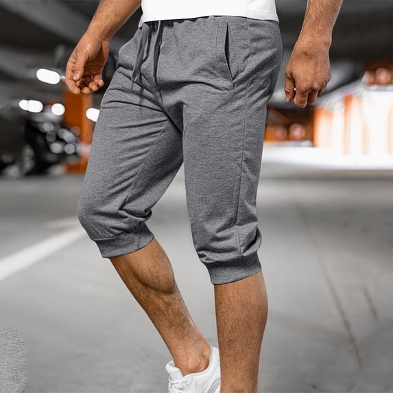 Oiangi Mens Athletic Capris Elastic Waist Drawstring Sweatpants Breathable Joggers Gym Running Workout Capri Pants with Pockets Gray S