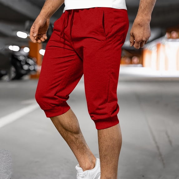 Oiangi Mens Athletic Capris Elastic Waist Drawstring Sweatpants Breathable Joggers Gym Running Workout Capri Pants with Pockets Red XL