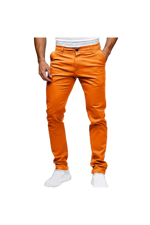 Mens Flat Front Chino Pants Button Waistband Classic Fit Dress Pants Casual Straight Leg Work Pants with Pockets Orange M