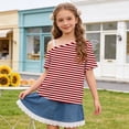 thumbnail image 1 of Oiangi One Shoulder T-Shirts for Girl Short Sleeve Striped Casual Tops for Back to School Red 11 Years, 1 of 7