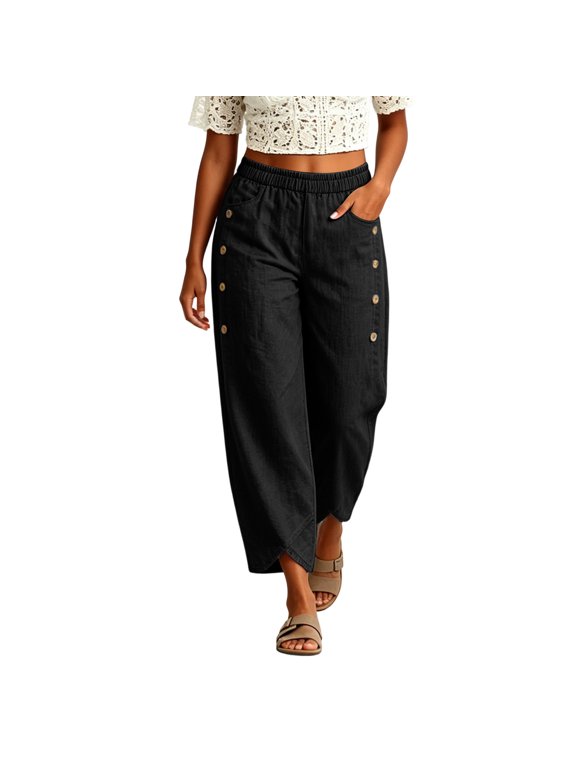 Pants for Women Elastic Waist Split Hem Pant Fall Button Deco Baggy Crop Trousers with Pockets Black XL