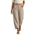thumbnail image 1 of Oiangi Pants for Women Elastic Waist Split Hem Pant Fall Button Deco Baggy Crop Trousers with Pockets Khaki 2XL, 1 of 6