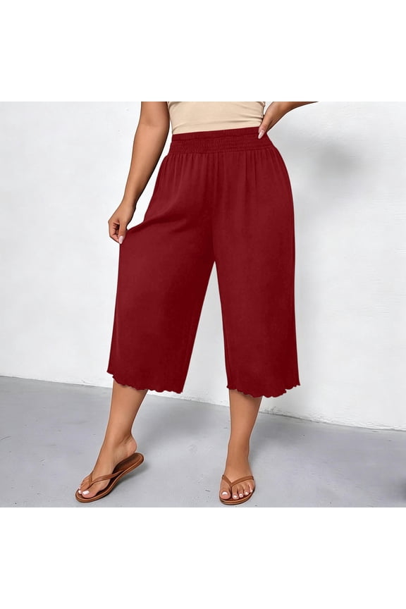 Plus Size Capri Pants for Women Elastic Waist Wide Leg Capris Lettuce Hem Ruched Cropped Trousers Red 2XL