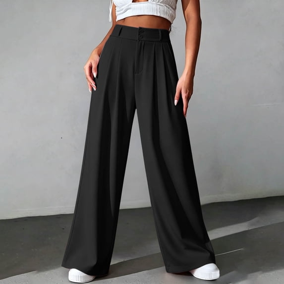 Oiangi Plus Size Dress Pants for Women Button Zipper Waistband Pleated Pants Casual Lightweight Business Work Pant Black M