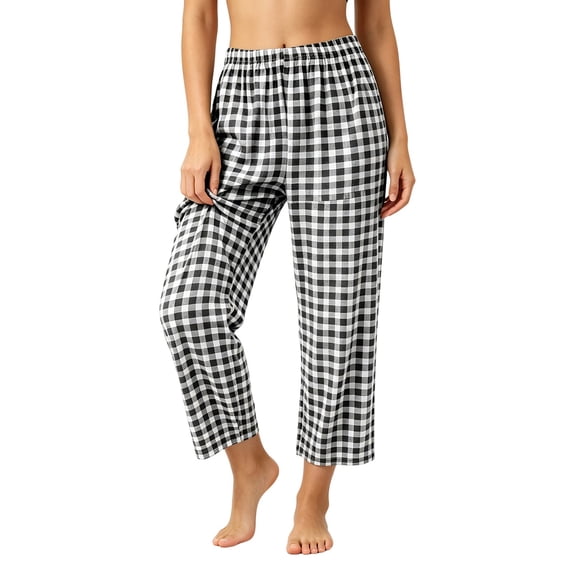 Oiangi Plus Size Gingham Pants for Women Elastic Waist Baggy Beach Pant Casual Comfy Plaid Pockets Trousers for Fall Black M