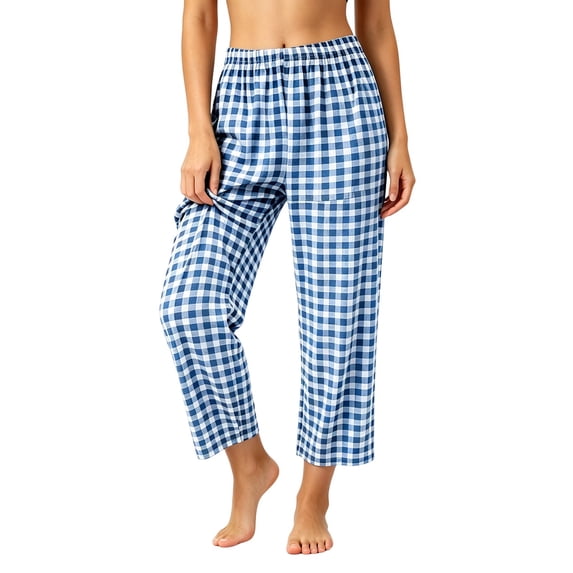 Oiangi Plus Size Gingham Pants for Women Elastic Waist Baggy Beach Pant Casual Comfy Plaid Pockets Trousers for Fall Blue M