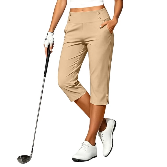 Oiangi Plus Size Golf Capris with Pockets for Women High Waist Stretch Yoga Pants Button Split Hem Capri Pant Khaki M