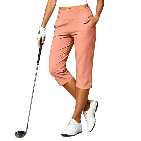 Oiangi Plus Size Golf Capris with Pockets for Women High Waist Stretch Yoga Pants Button Split Hem Capri Pant Orange L