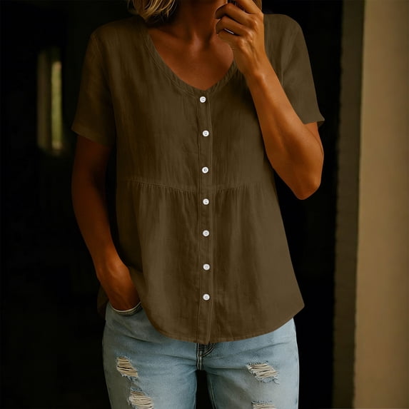 Oiangi Plus Size Short Sleeve Tunics Women Button Down V Neck Tops Summer Babydoll Gauze Shirts Coffee L