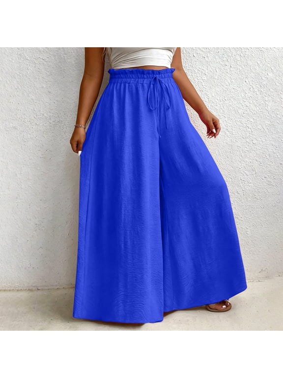 Plus Size Wide Leg Pants for Women Ruffled Elastic Waist Palazzo Pant Casual Flowy Drawstring Basic Trousers for Travel Blue 4XL