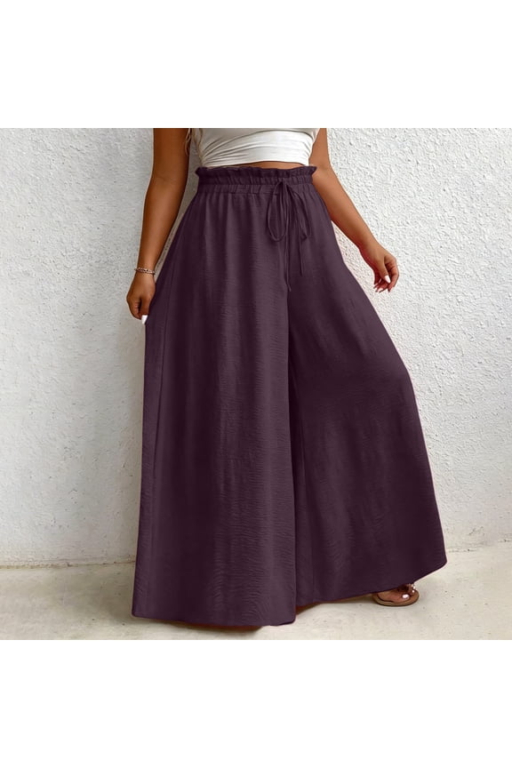 Plus Size Wide Leg Pants for Women Ruffled Elastic Waist Palazzo Pant Casual Flowy Drawstring Basic Trousers for Travel Purple 4XL