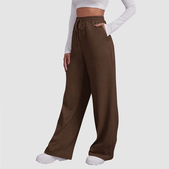 Oiangi Plus Size Wide Leg Sweatpants for Women Elastic Waist Drawstring Baggy Pants Fall Winter Sweat Track Pant with Pockets Coffee 5XL