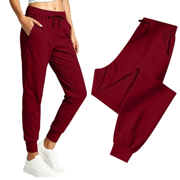 Oiangi Quick Dry Joggers with Pockets for Women Elastic Waist Cinch Bottoms Athletic Pants Fall Anti-Wrinkle Hiking Pant Wine L