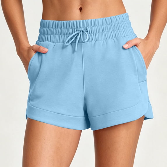 Oiangi Running Shorts with Pockets for Women Elastic Waist Drawstring Workout Boxers Comfy Basic Athletic Shorts Blue L